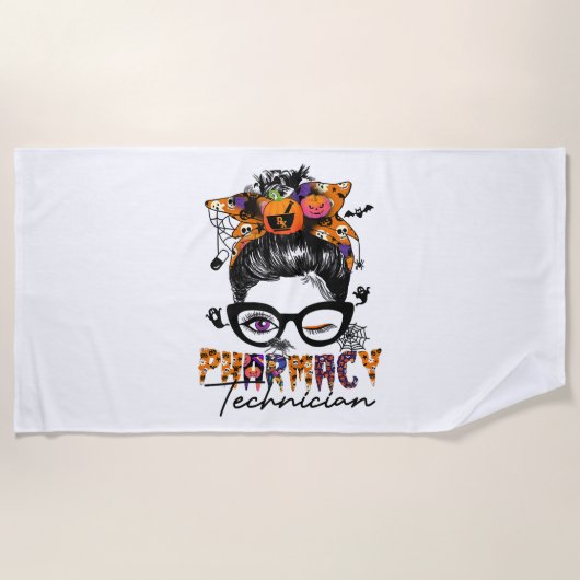 Messy Bun Apotheek Technicus Halloween Party Strandlaken (Voorkant)