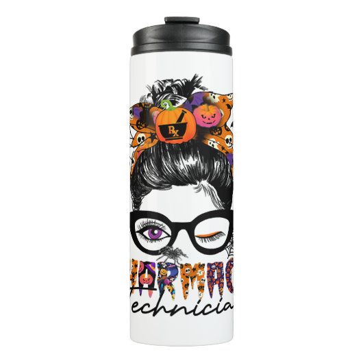 Messy Bun Apotheek Technicus Halloween Party Thermosbeker (Voorkant)