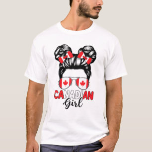 Messy Bun Canadian Girl Maple Leaf Canada Flag Sun T-shirt