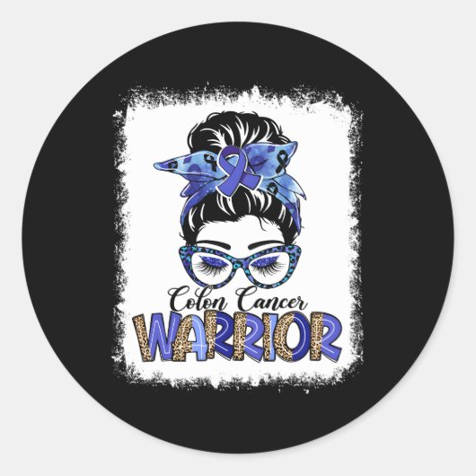 Messy Bun Leopard Blue Ribbon Colon Cancer Warrior Ronde Sticker (Voorkant)