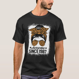 Messy Bun Leoprad Awesome Since 1987 35 Years Old T-shirt