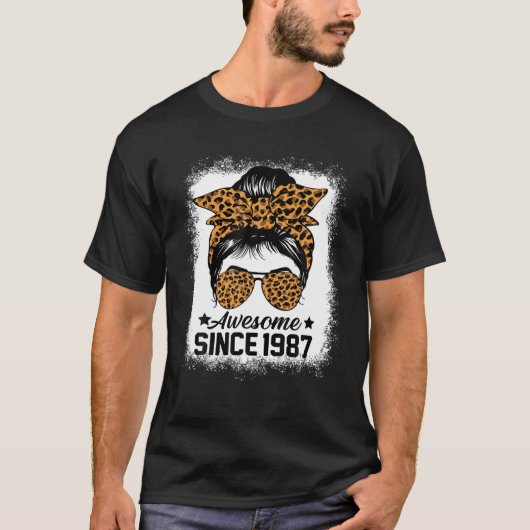 Messy Bun Leoprad Awesome Since 1987 35 Years Old T-shirt (Voorkant)