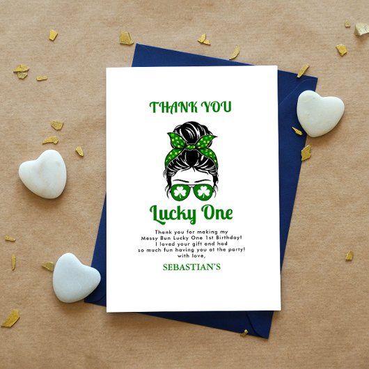 Messy Bun Lucky One 1st Verjaardag Meisje Bedankkaart