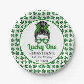 Messy Bun Lucky One 1st Verjaardag Meisje Papieren Bordje (Voorkant)