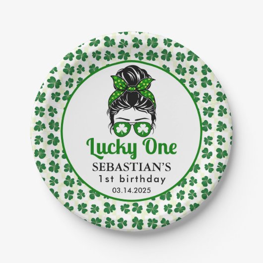 Messy Bun Lucky One 1st Verjaardag Meisje Papieren Bordje (Voorkant)