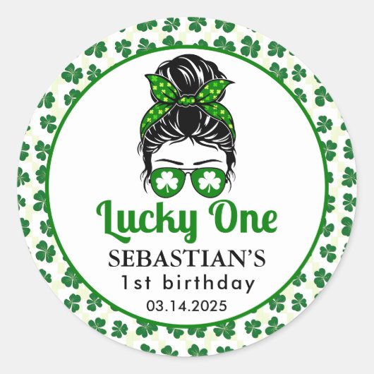 Messy Bun Lucky One 1st Verjaardag Meisje Ronde Sticker (Voorkant)