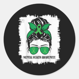 Messy Bun Mental Health's Awareness Green Ribbon _ Ronde Sticker