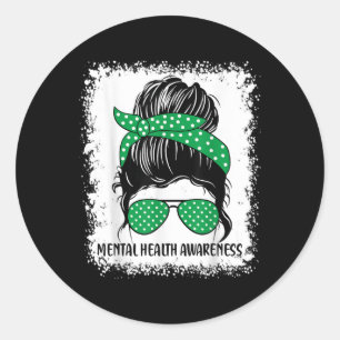 Messy Bun Mental Health's Awareness Green Ribbon _ Ronde Sticker
