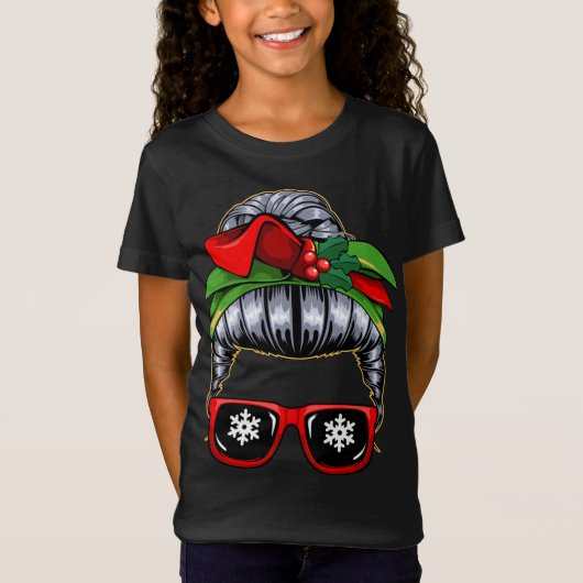 Messy Bun Moeder Kerstmis Pyjama Schattige X-Mas K T-shirt (Voorkant)
