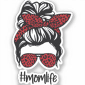 Messy Bun #momlife Red Leopard Sticker (Voorkant)