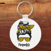 Messy Bun momlife Yellow Leopard Sleutelhanger (Voorkant)