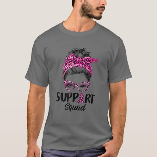 Messy Bun Pink Leopard Support Squad Breast Cancer T-shirt (Voorkant)