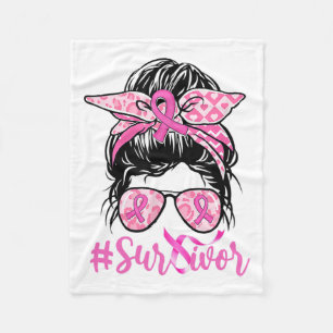 Messy Bun Pink Ribbon Leopard Breast Cancer Warrio Fleece Deken