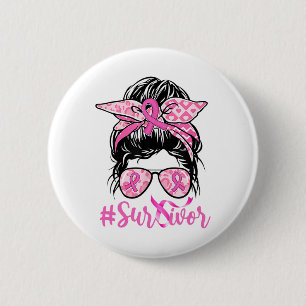 Messy Bun Pink Ribbon Leopard Breast Cancer Warrio Ronde Button 5,7 Cm