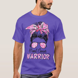 Messy Bun Pink Women Ribbon Warrior Breast Cancer T-shirt
