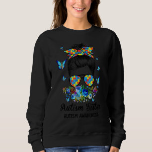 Messy Bun Proud Autism Sister Ribbon Puzzle Floral Trui