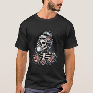 Messy Bun Skeleton Drink Koffie Hallowe T-shirt