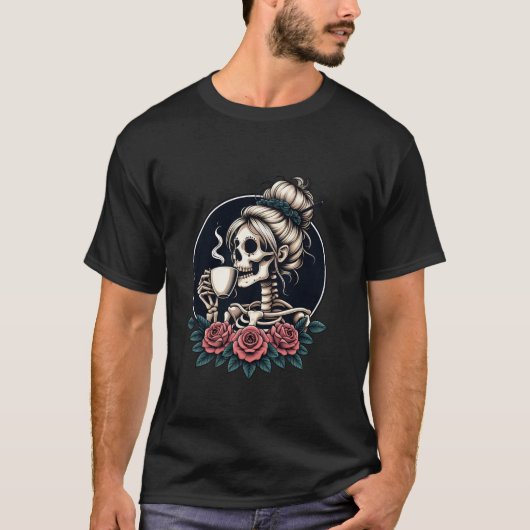 Messy Bun Skeleton Drink Koffie  Hallowe T-shirt (Voorkant)