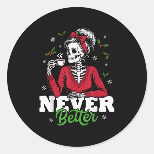 Messy Bun Skeleton Santa Coffee Xmas Funny Women S Ronde Sticker (Voorkant)