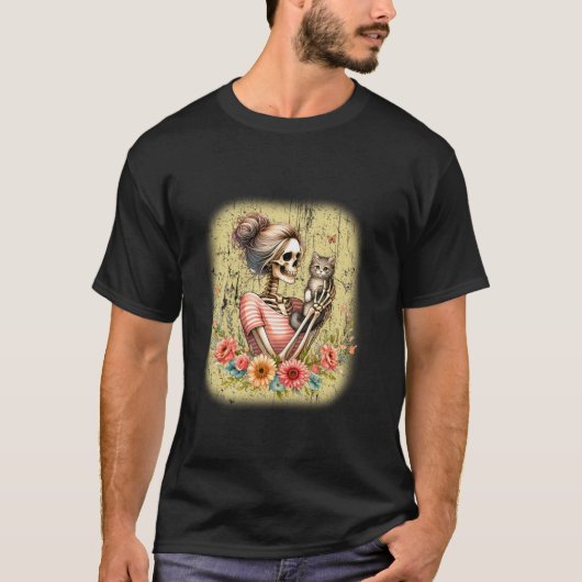 Messy Bun Skeleton Schattige Kitten Cat Lovers Hal T-shirt (Voorkant)