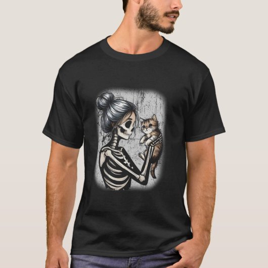 Messy Bun Skeleton Schattige Kitten Cat Lovers Hal T-shirt (Voorkant)