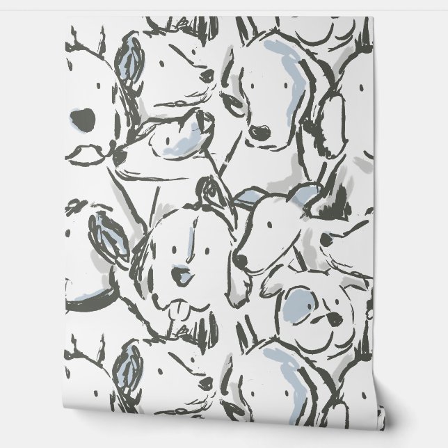 Messy Dog Sketches - Dierenschets - Grijs Blauw Behang (Afrollen)