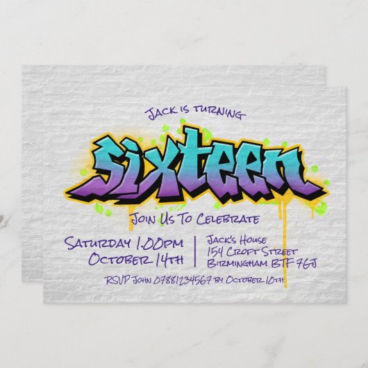 Messy Graffiti Zestiende Kaart (Voorkant / Achterkant)