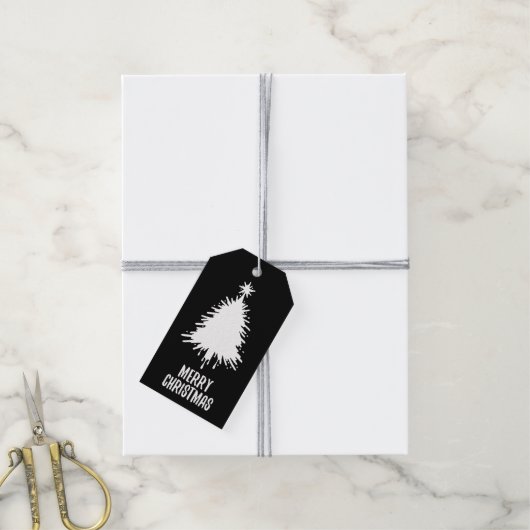 Messy & Grungy Black & White Merry Christmas Tree Cadeaulabel (Met Touw)