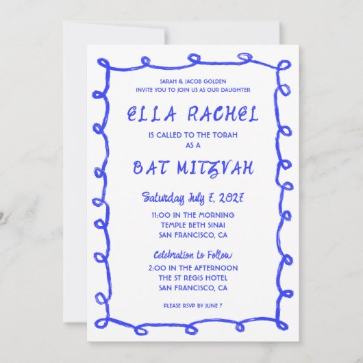 Messy Loops Hand getrokken Custom Bar Bat Mitswa Kaart (Voorkant)