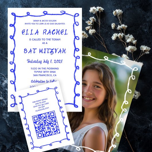 Messy Loops HandDrawn Custom Photo Bar Bat Mitswa Kaart