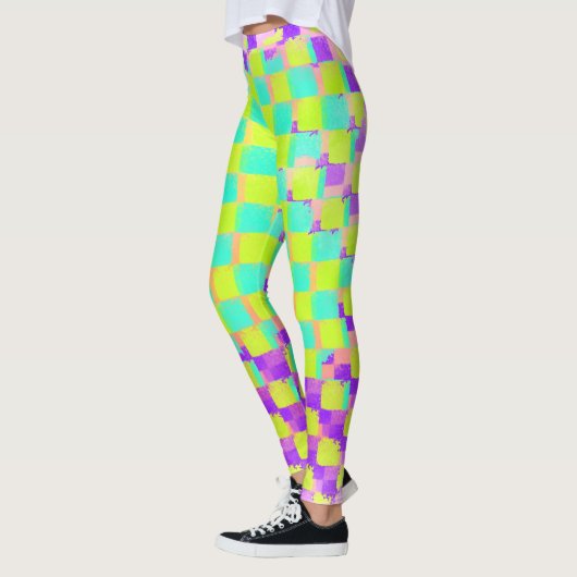 Messy Neo Mint en Paarse schaakbordpatroon Leggings (Links)