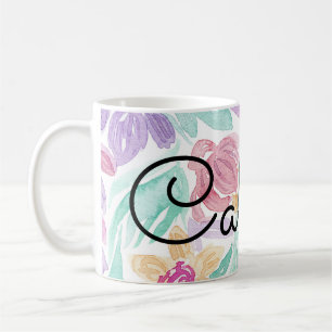 Messy Pink Oranje Floral Waterverf Monogram Koffiemok