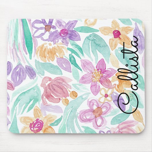 Messy Pink Oranje Floral Waterverf Monogram Muismat (Voorkant)