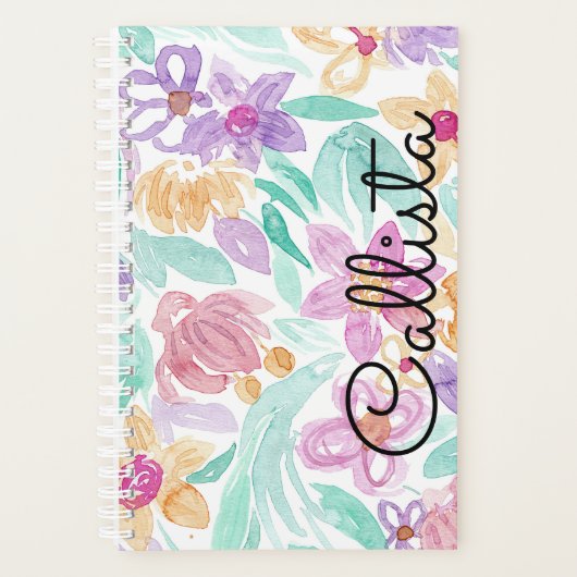 Messy Pink Oranje Floral Waterverf Monogram Planner (Voorkant)