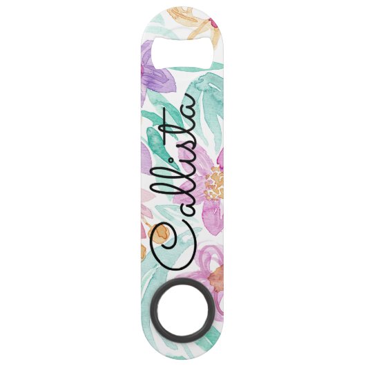 Messy Pink Oranje Floral Waterverf Monogram Speed Flessenopener (Voorkant)