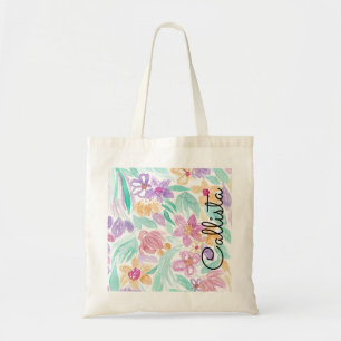Messy Pink Oranje Floral Waterverf Monogram Tote Bag