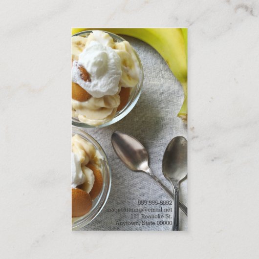 Met bananen en koekjes vervaardigde panden visitekaartje (Achterkant)