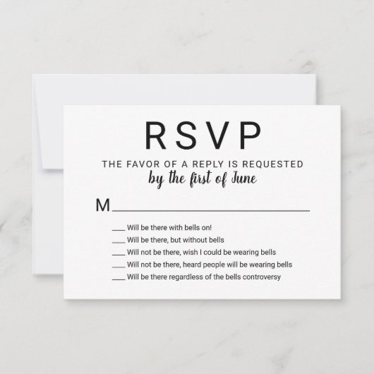Met Bells op Funny Black en White Wedding RSVP Kaartje (Voorkant)