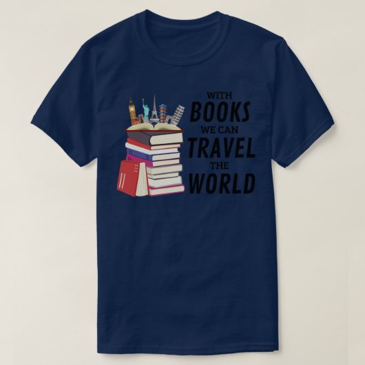 Met boeken kunnen we de wereld reizen t-shirt (Design voorkant)