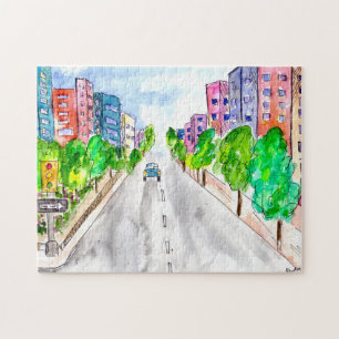 Met bomen omzoomde straat Watercolor Inkt Illustra Legpuzzel