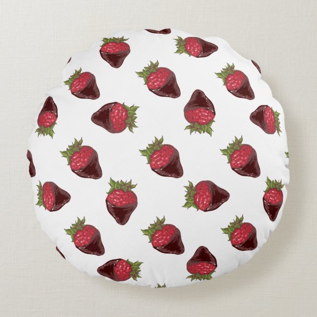 met chocolade bedekt aardbeienpatroon rond kussen (Voorkant)
