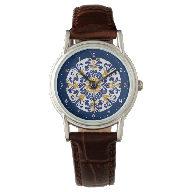 Met cijfers💙💟 Prachtig blauw Azulejos Horloge (Voorkant)