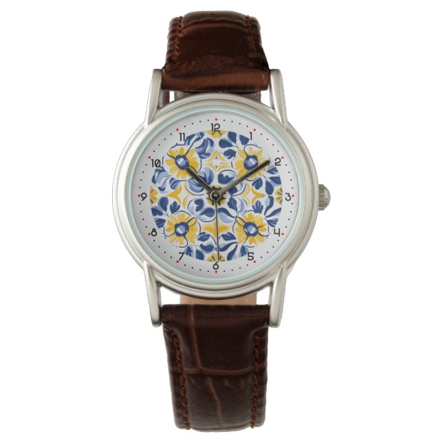 Met cijfers prachtig Bloemen azulejo Horloge (Voorkant)