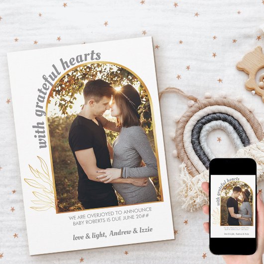 Met dankbare harten Gouden Boog Foto Grijs Goud Aankondiging