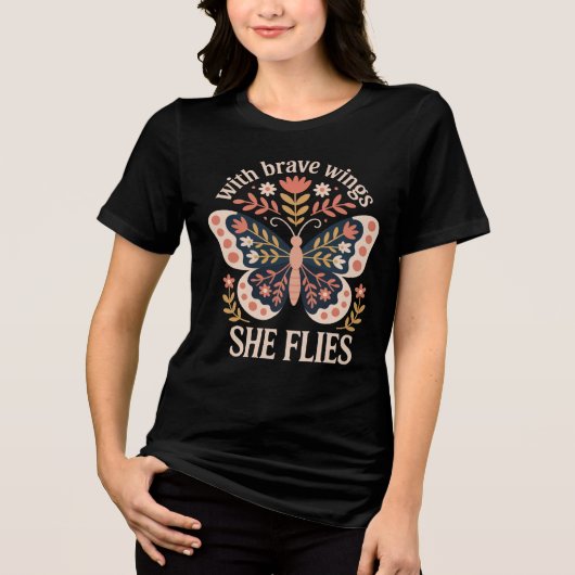 Met dappere vleugels vliegt ze met folk art vlinde Tri-Blend shirt (Voorkant)