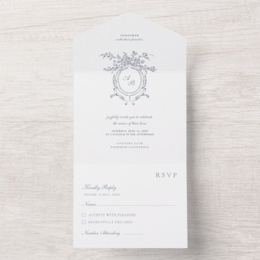 Met de hand beschilderde barok bloemornament bruil all in one uitnodiging (Binnen)