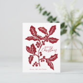 Met de hand Creëer linocut holly artwork kerst Briefkaart (Staand voorkant)