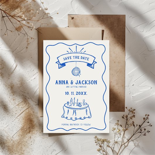 Met de hand geïllustreerd vreemd retro tekening bl save the date