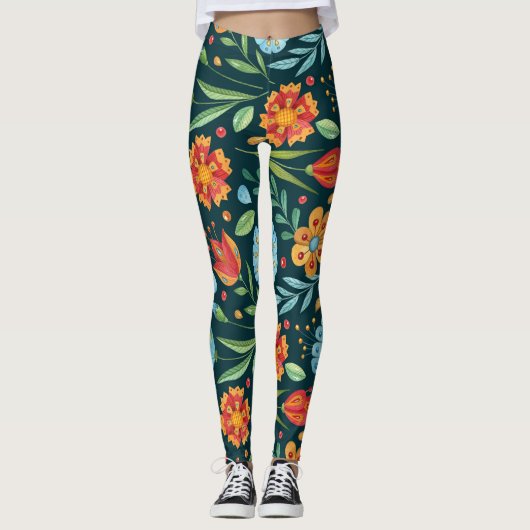Met de hand geïllustreerd Waterverf bloemenpatroon Leggings (Voorkant)