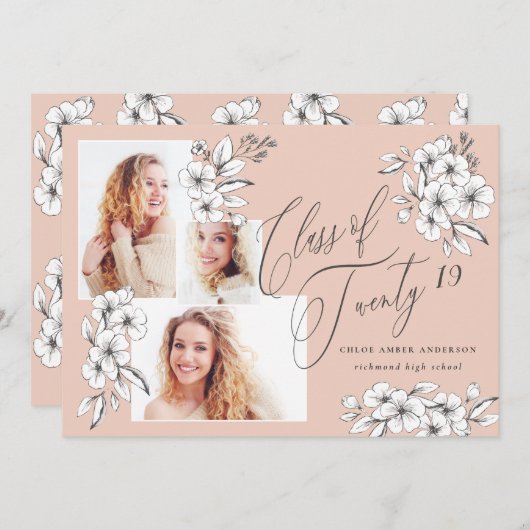 Met de hand geïllustreerde florale klasse van 2019 aankondiging (Voorkant / Achterkant)